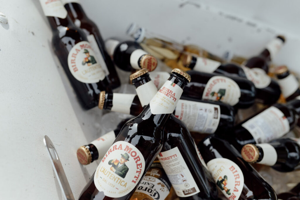 A close up of Birra Moretti bottles.
