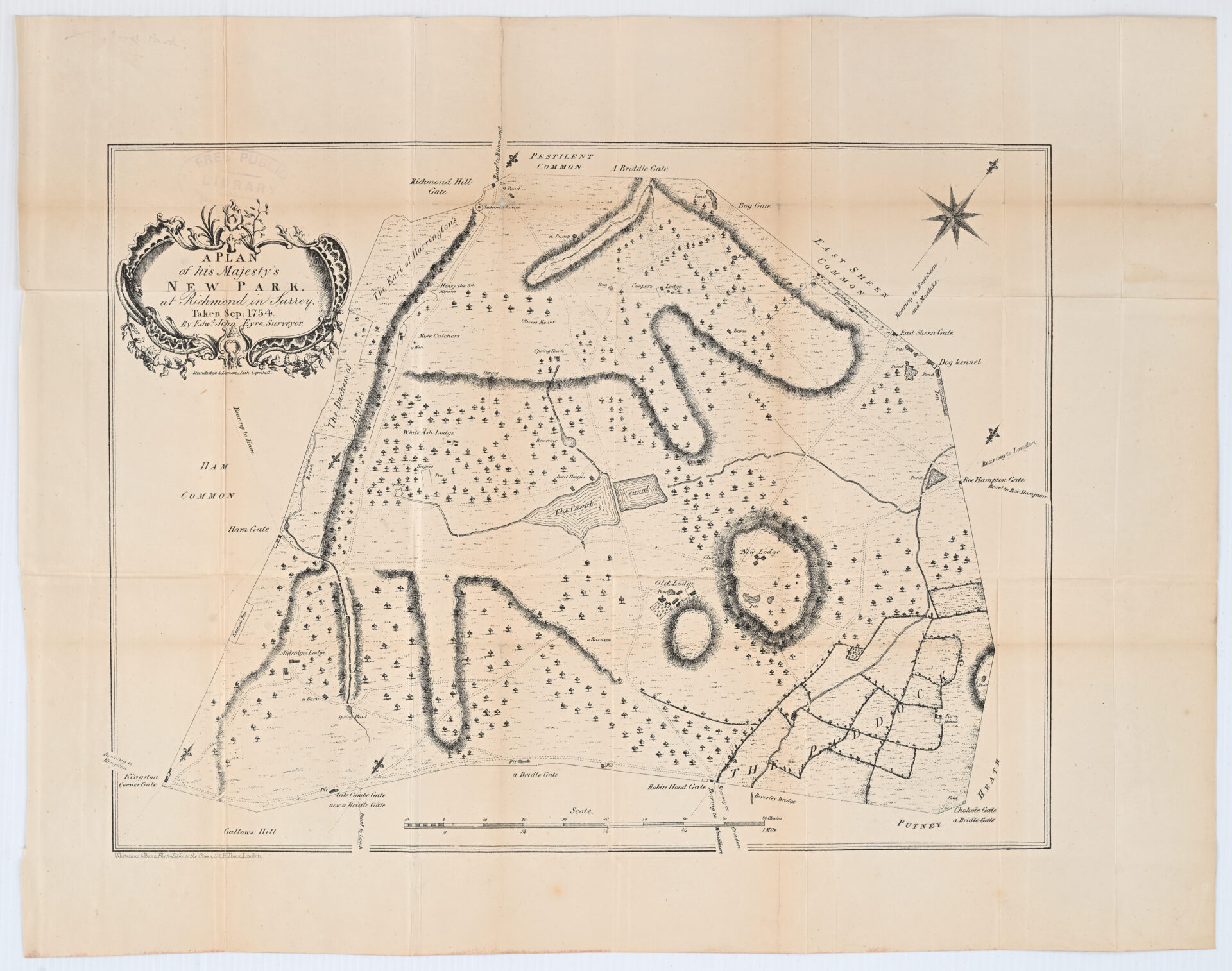 Antique map illustrating a plan for his majesty's new park of Richmond in Surrey, 1700s. Features intricate lines, landscape details, and a decorative cartouche with a compass rose.