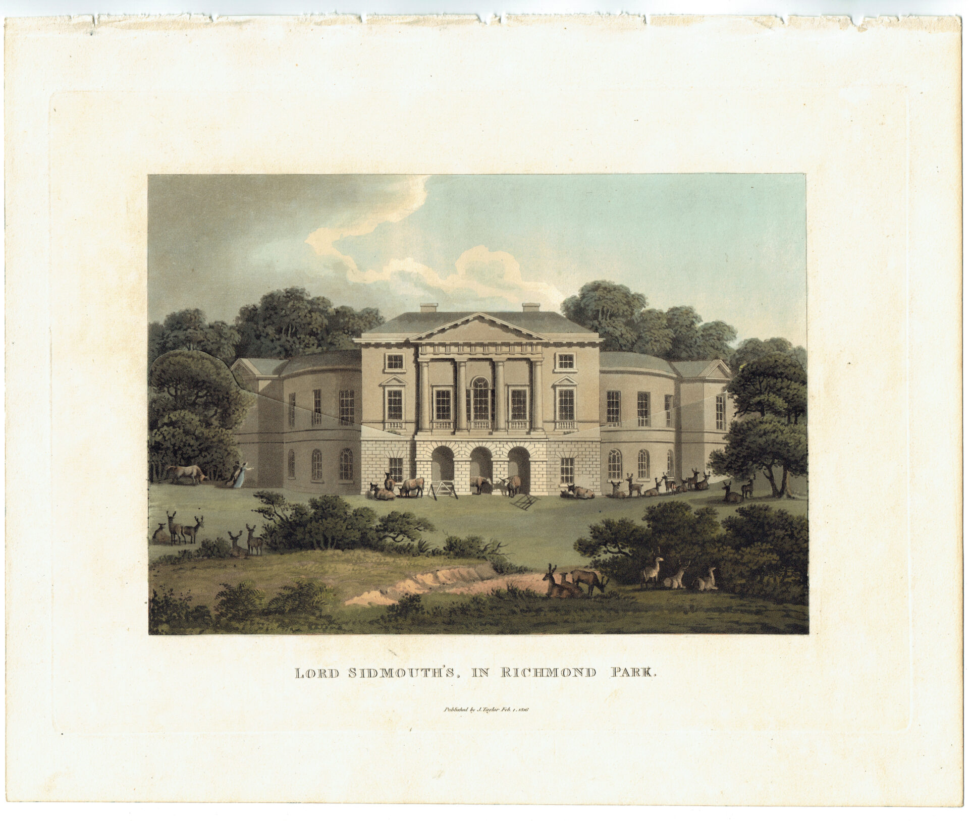 Elegant 19th-century manor with classical architecture, large arched windows, and lush landscaping in Richmond Park. Deer graze peacefully in the foreground.
