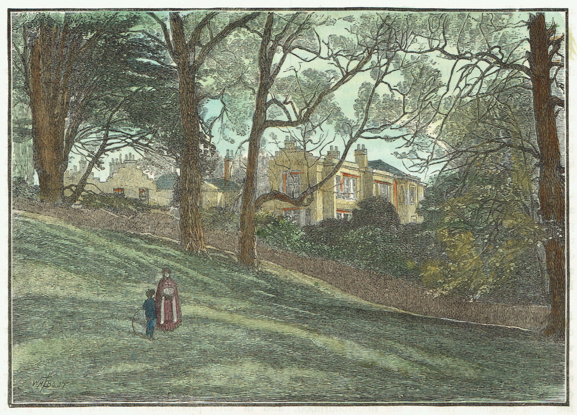 Illustration of a park scene with two people, possibly a child and guardian, walking up a grassy hill. Large trees frame Victorian-style houses in the background.
