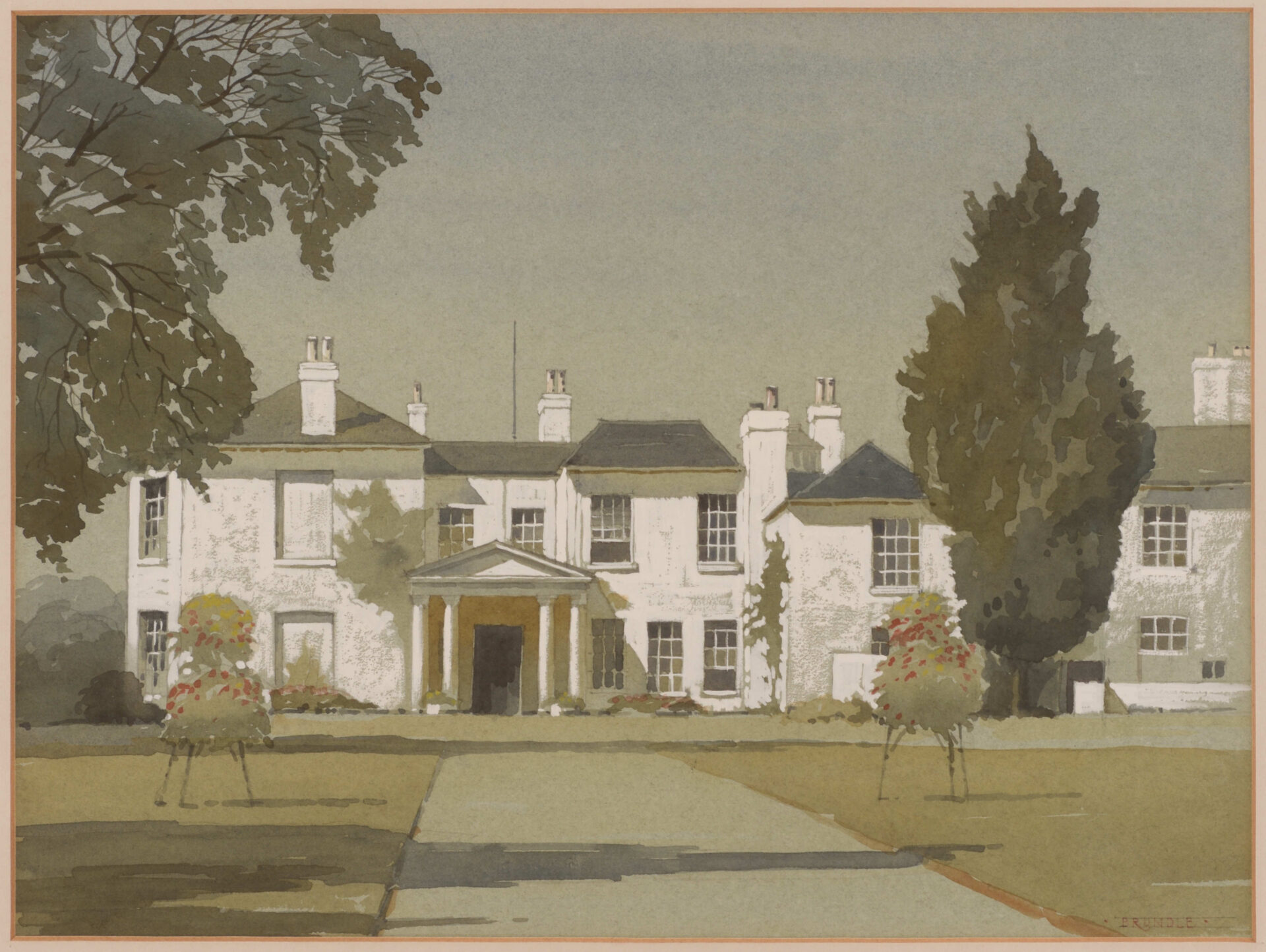 Historic Pembroke Lodge with a symmetrical facade, framed by tall trees. Soft colours evoke a serene, timeless atmosphere. Lush garden in the foreground.